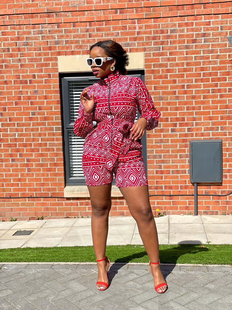 Rume Ankara Playsuit | Red and White African Print