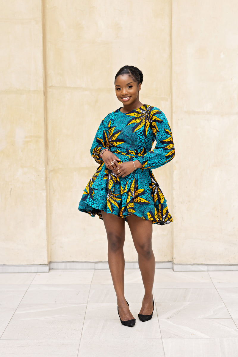 Anita Ankara Mini Dress | Teal and Yellow African Print