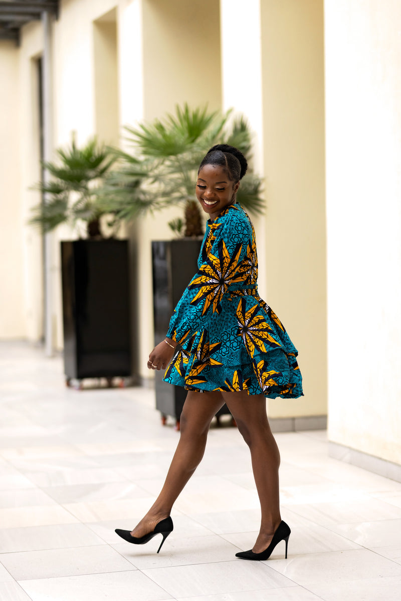 Anita Ankara Mini Dress | Teal and Yellow African Print