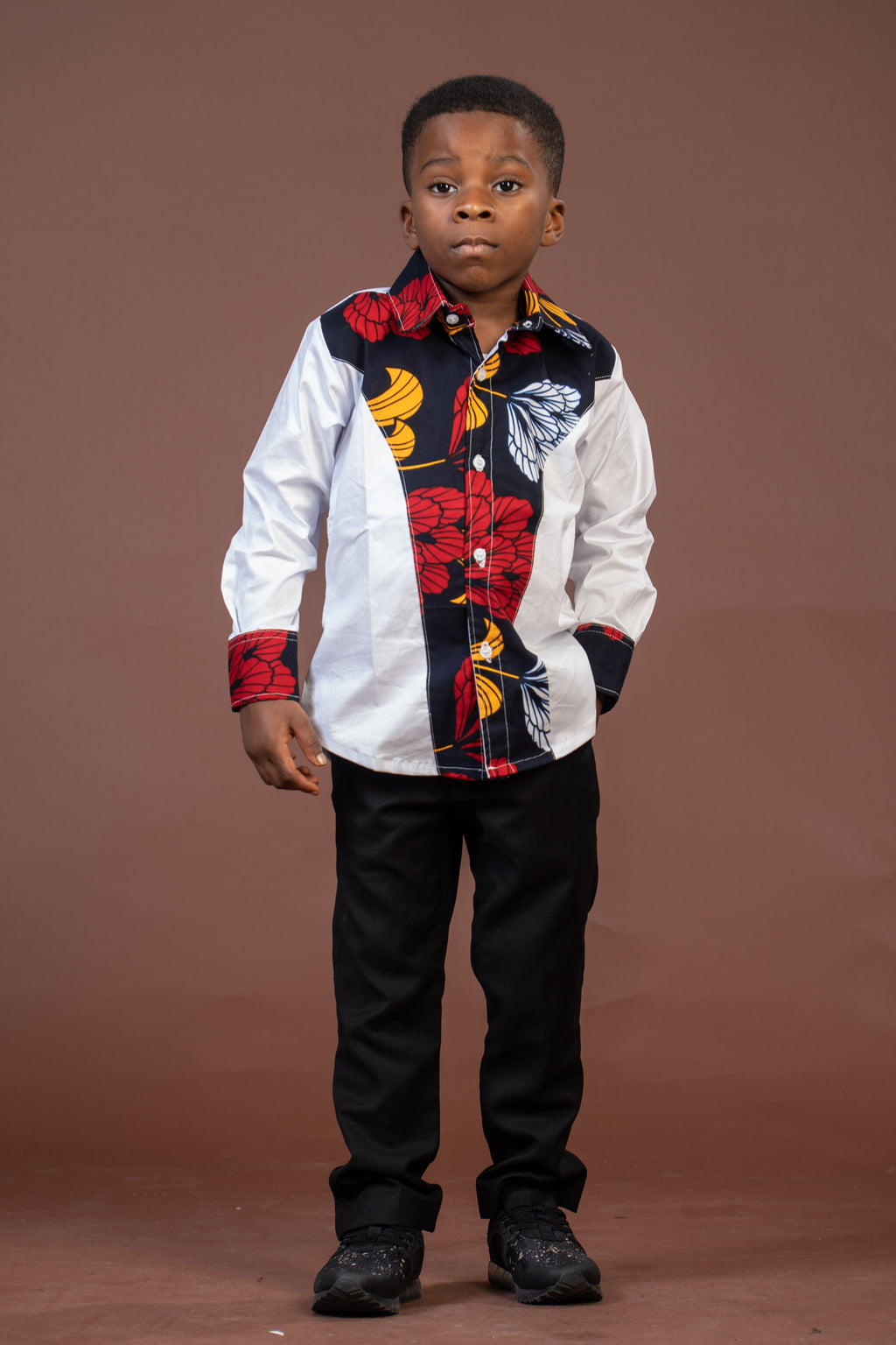 Trey Ankara Mixed Print Boy Shirt | White and African Ankara Print