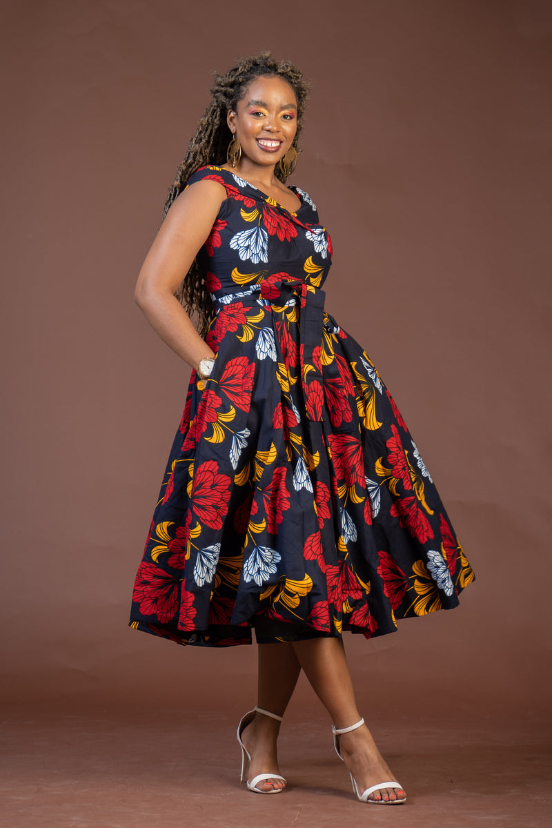 Teresa Ankara Off shoulder Midi Dress | Blue and Red African Print