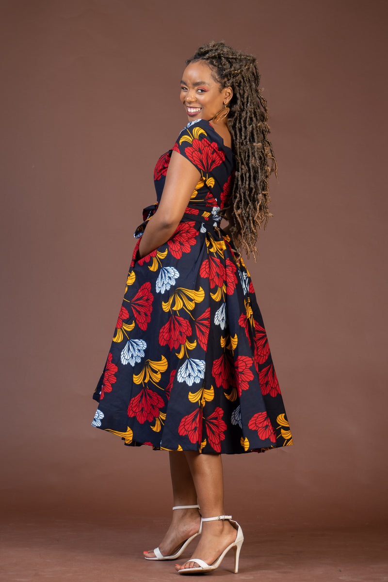 Teresa Ankara Off shoulder Midi Dress | Blue and Red African Print