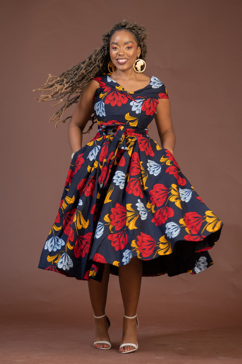 Teresa Ankara Off shoulder Midi Dress | Blue and Red African Print