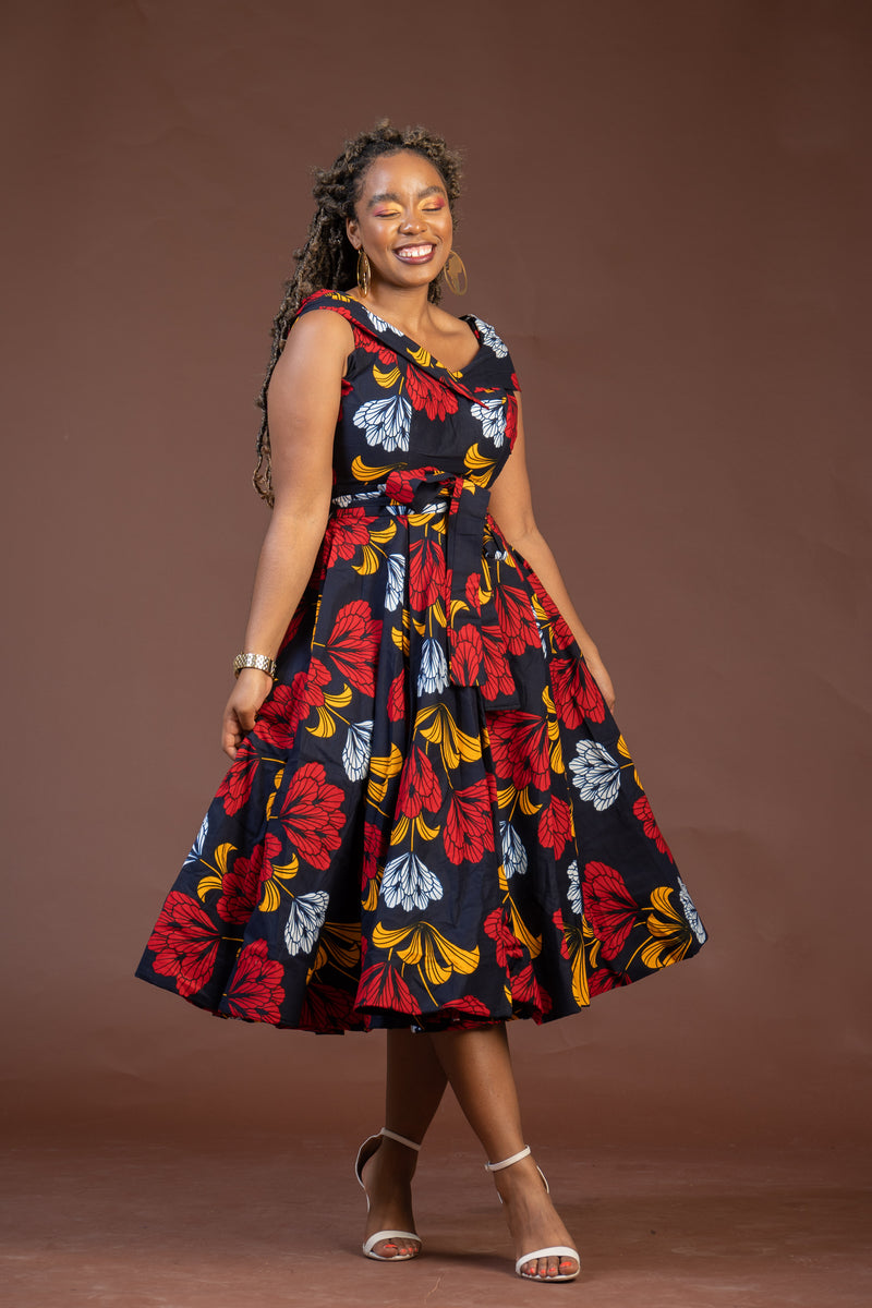 Teresa Ankara Off shoulder Midi Dress | Blue and Red African Print