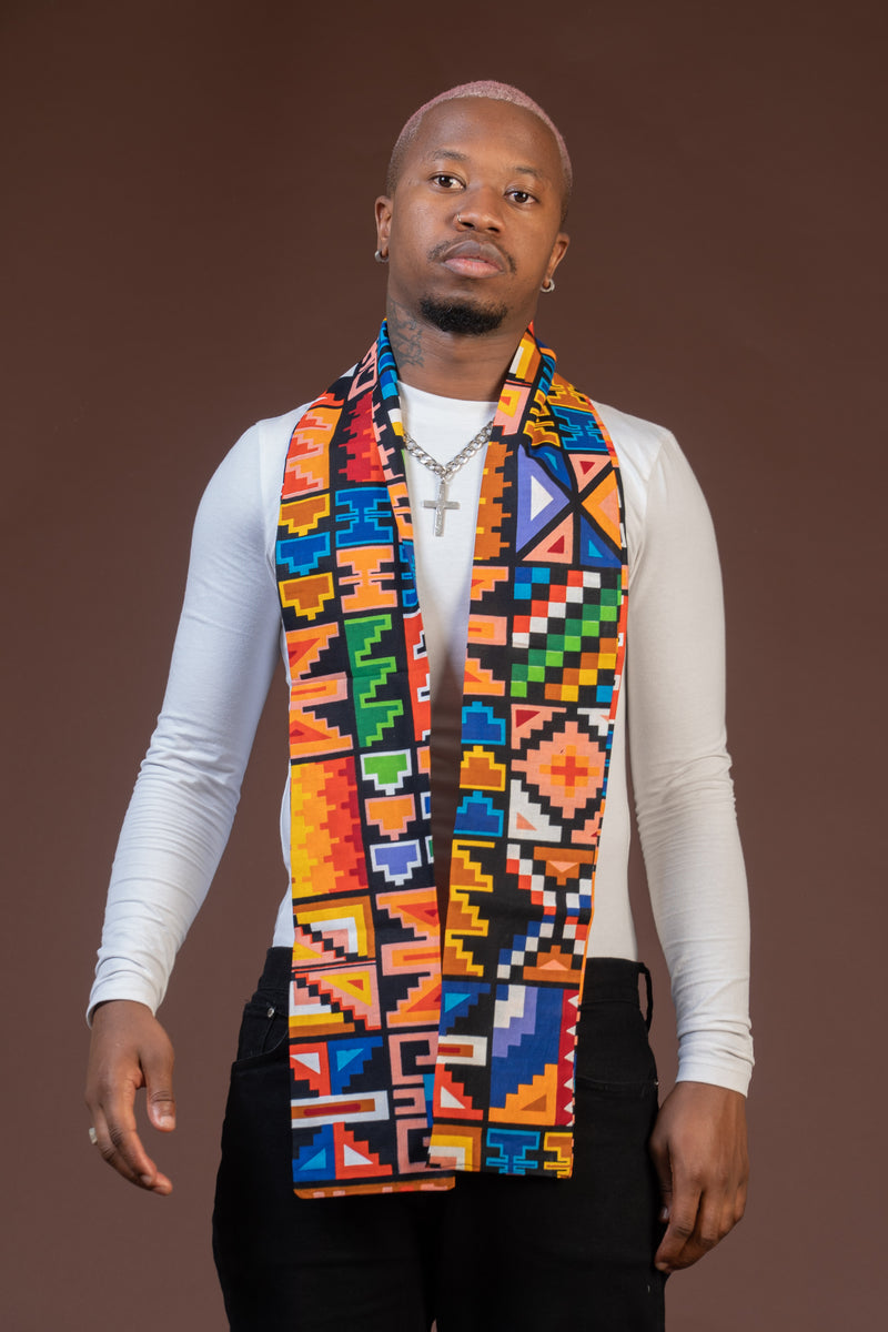 Fred Orange and White Multicolored Ankara Neck Scarf for Men