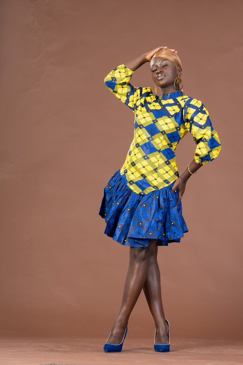 Ana Ankara Mini Dress | Yellow and Blue African Print