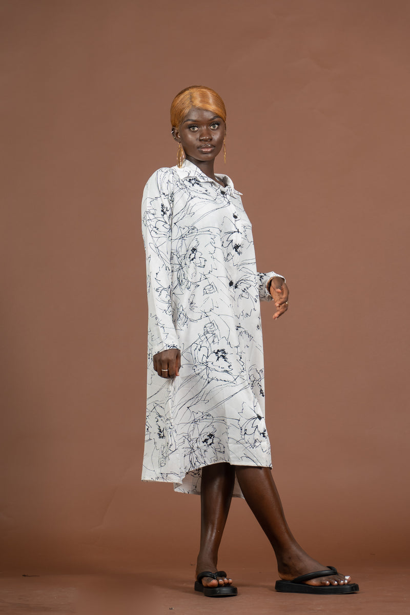 Edima Button Down Shirt Dress | White and Black African Print