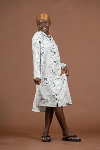 Edima Button Down Shirt Dress | White and Black African Print