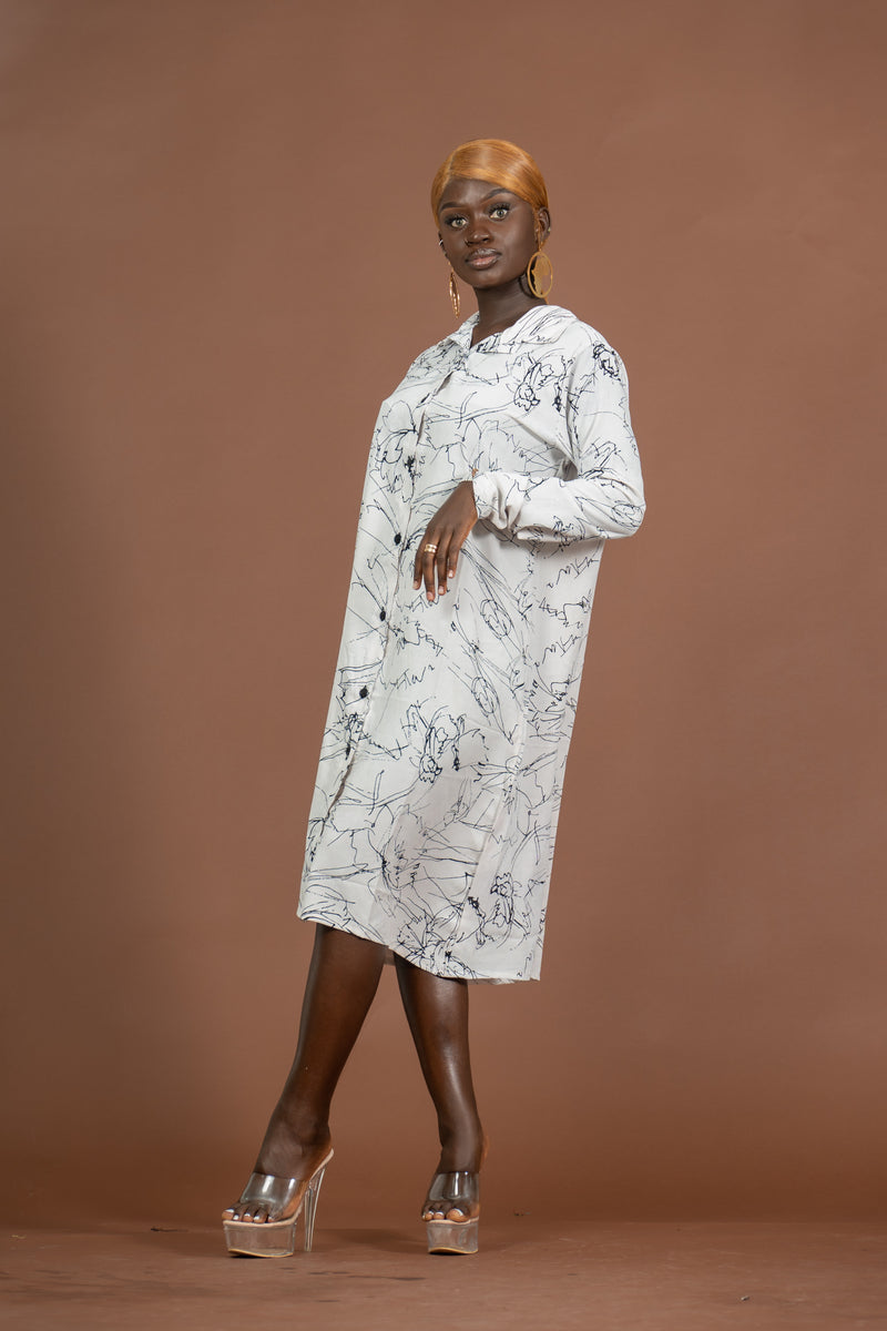 Edima Button Down Shirt Dress | White and Black African Print