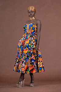 Teni Ankara Strapless Tube Midaxi Dress | Yellow and Blue African Kente Print