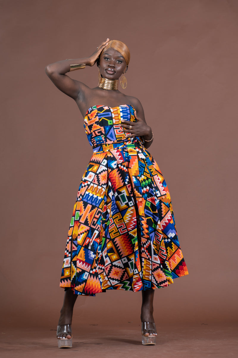 Teni Ankara Strapless Tube Midaxi Dress | Yellow and Blue African Kente Print