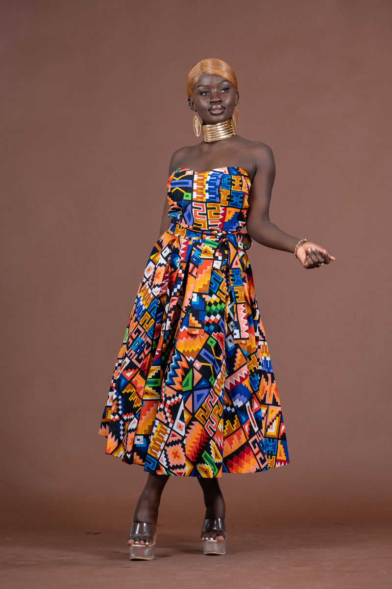 Teni Ankara Strapless Tube Midaxi Dress | Yellow and Blue African Kente Print