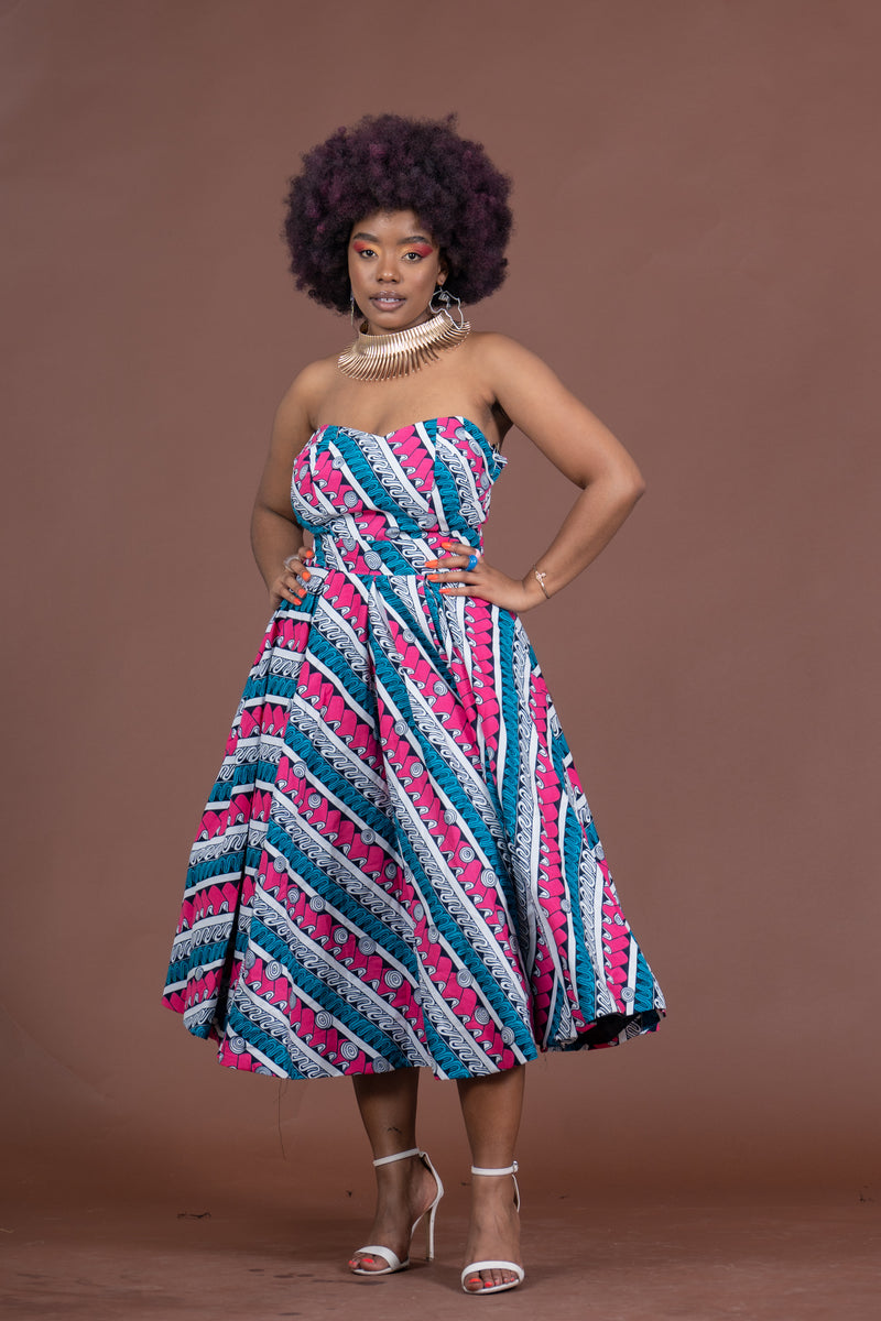 Teyana Ankara Strapless Midaxi Dress | Pink and Blue African Print