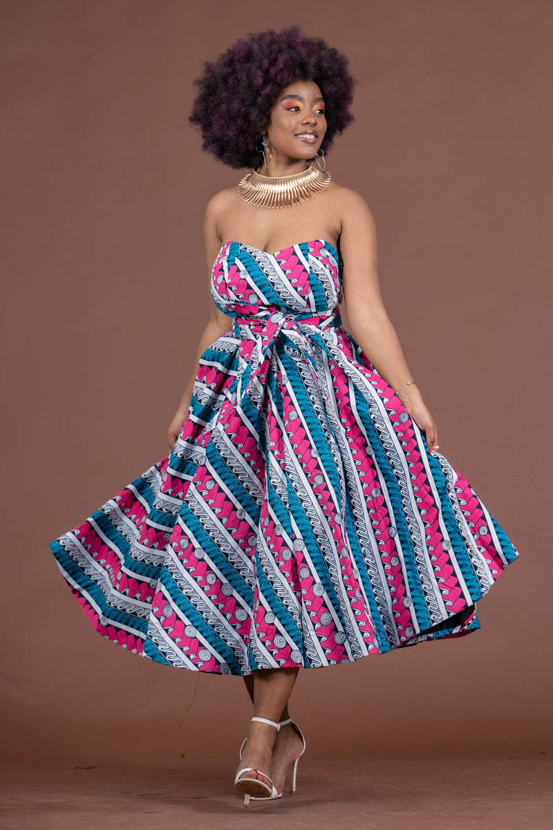 Teyana Ankara Strapless Midaxi Dress | Pink and Blue African Print