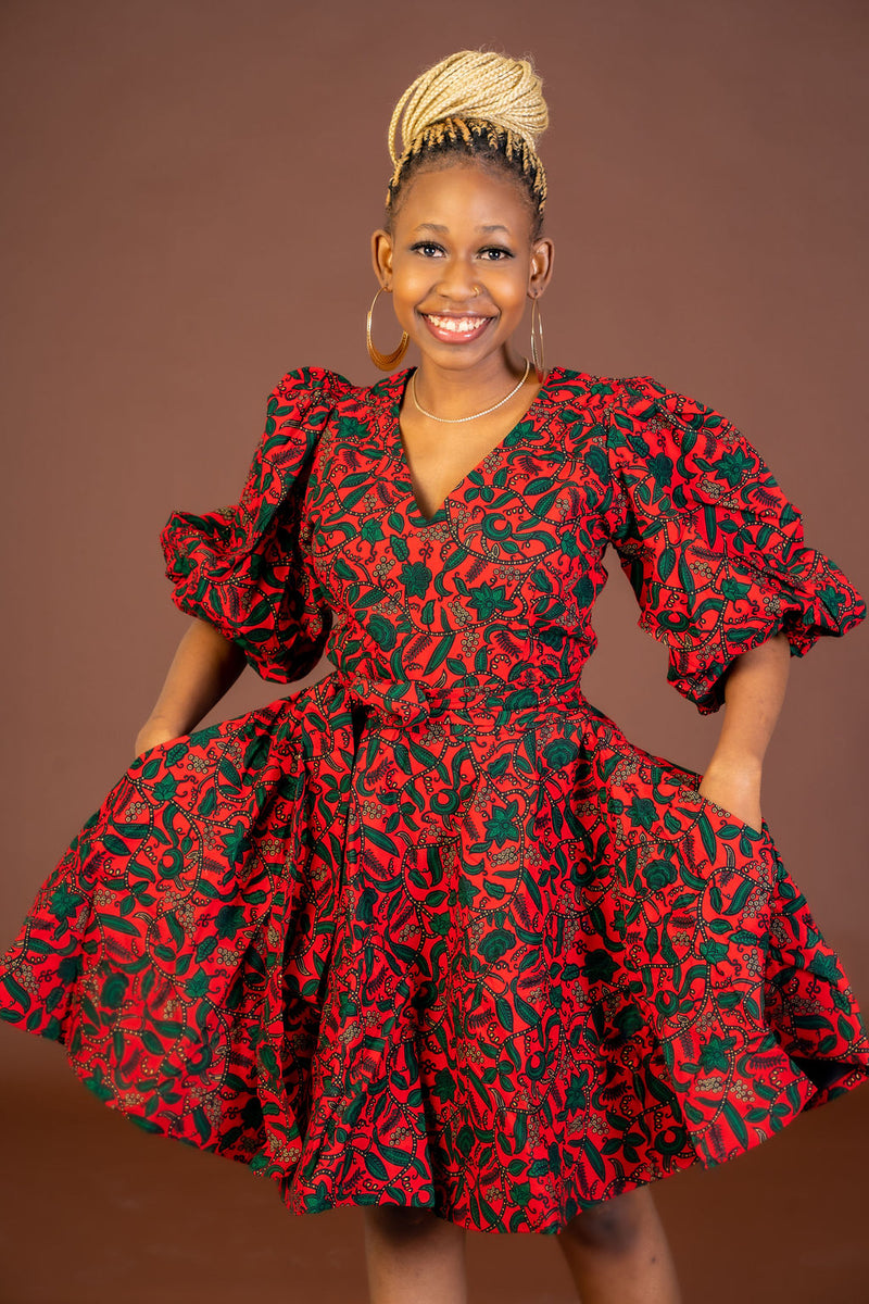 Jasmine Ankara Midi Dress | Red and Green African Print