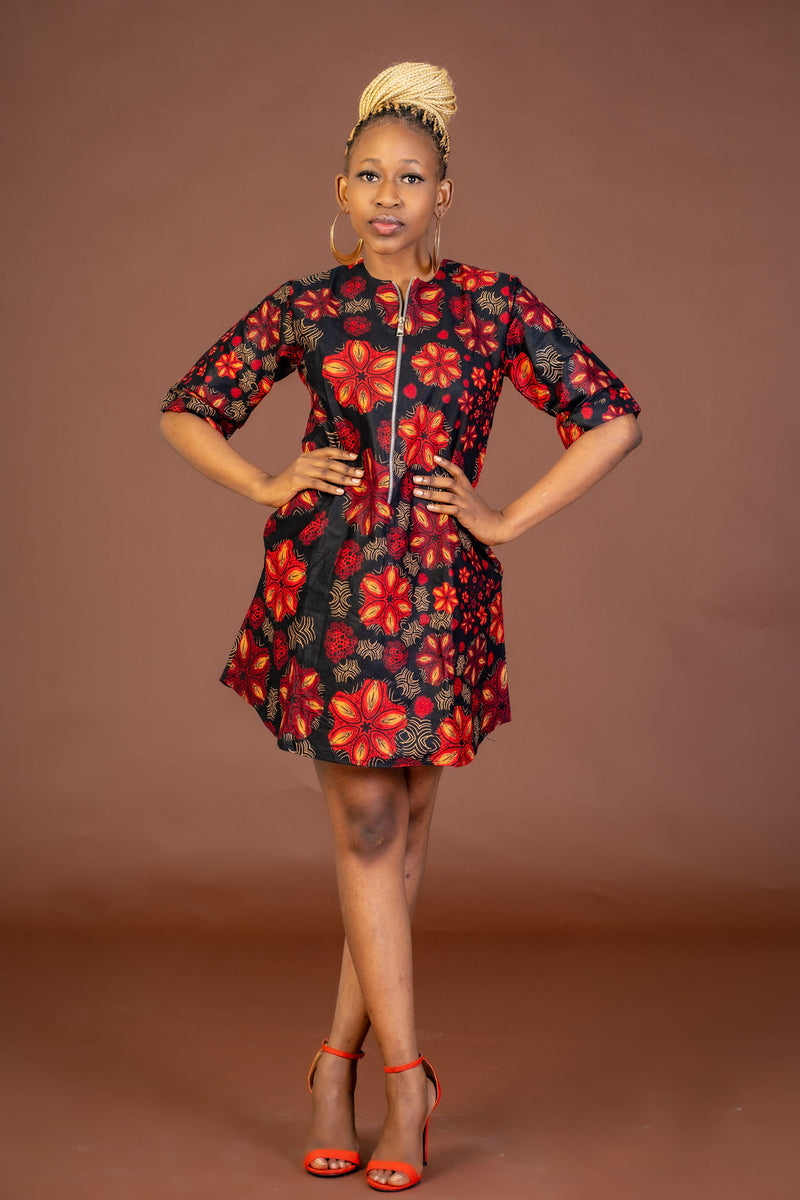 Janie Ankara Shirt Dress | Black and Red African Print