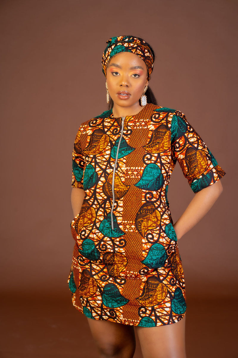 Jessie Ankara Shirt Dress | Brown and Green African Print