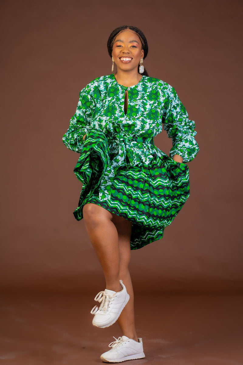 Skyler Ankara Midi Dress | Green and White African Print