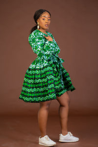 Skyler Ankara Midi Dress | Green and White African Print