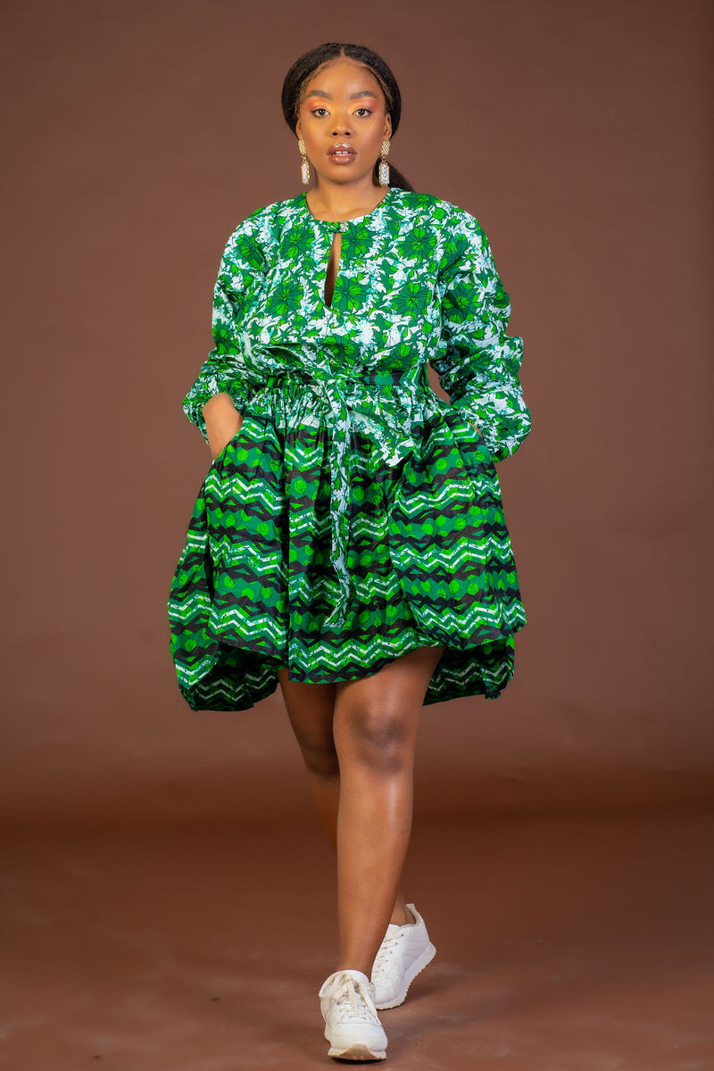 Skyler Ankara Midi Dress | Green and White African Print