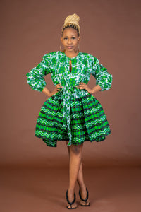 Skyler Ankara Midi Dress | Green and White African Print