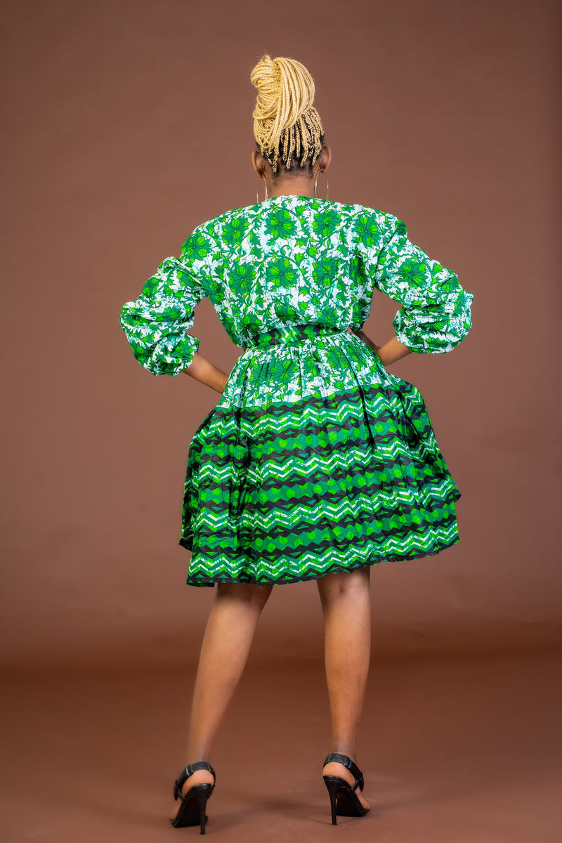 Skyler Ankara Midi Dress | Green and White African Print