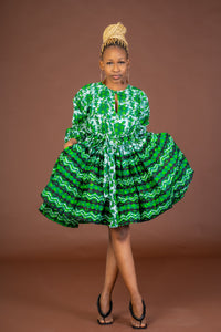 Skyler Ankara Midi Dress | Green and White African Print