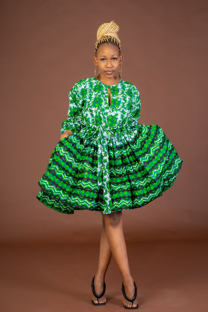 Skyler Ankara Midi Dress | Green and White African Print