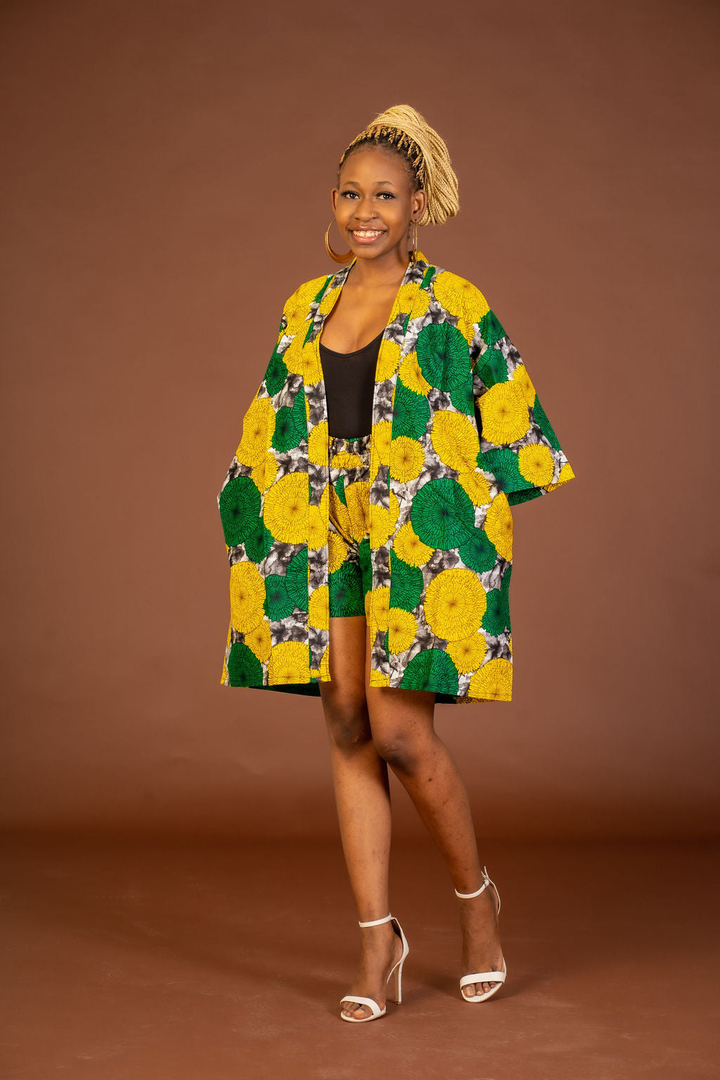 Anthonia Ankara Short Kimono Jacket | Yellow and Green African Print