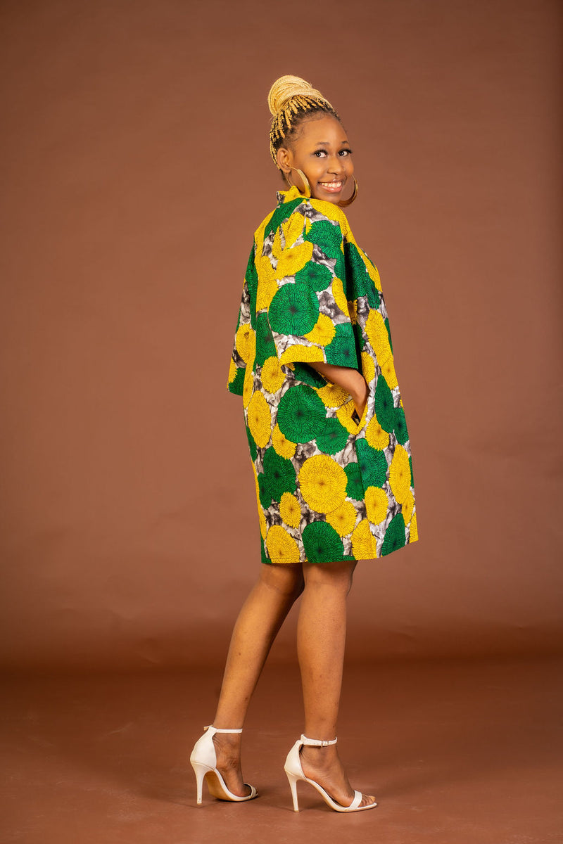 Anthonia Ankara Short Kimono Jacket | Yellow and Green African Print