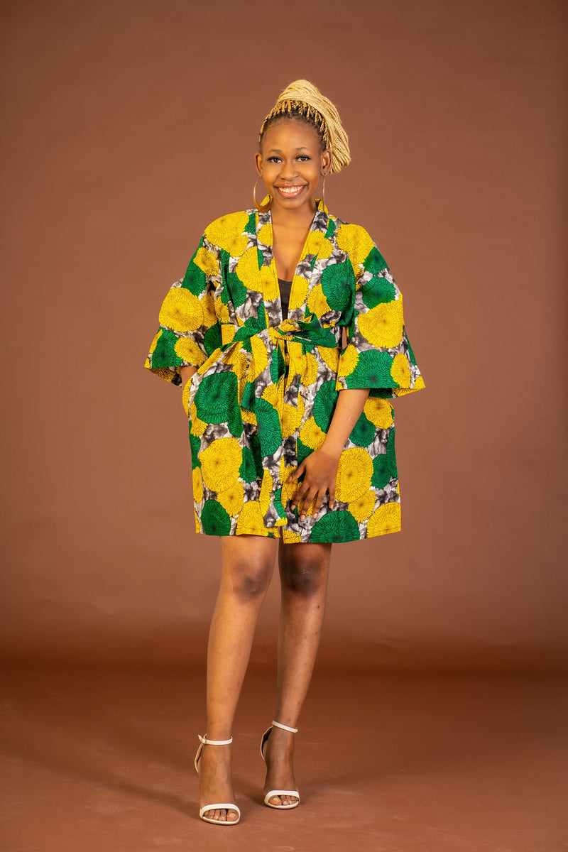 Anthonia Ankara Short Kimono Jacket | Yellow and Green African Print