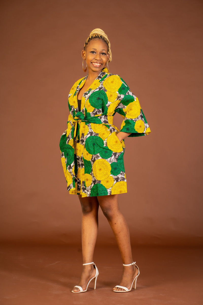 Anthonia Ankara Short Kimono Jacket | Yellow and Green African Print