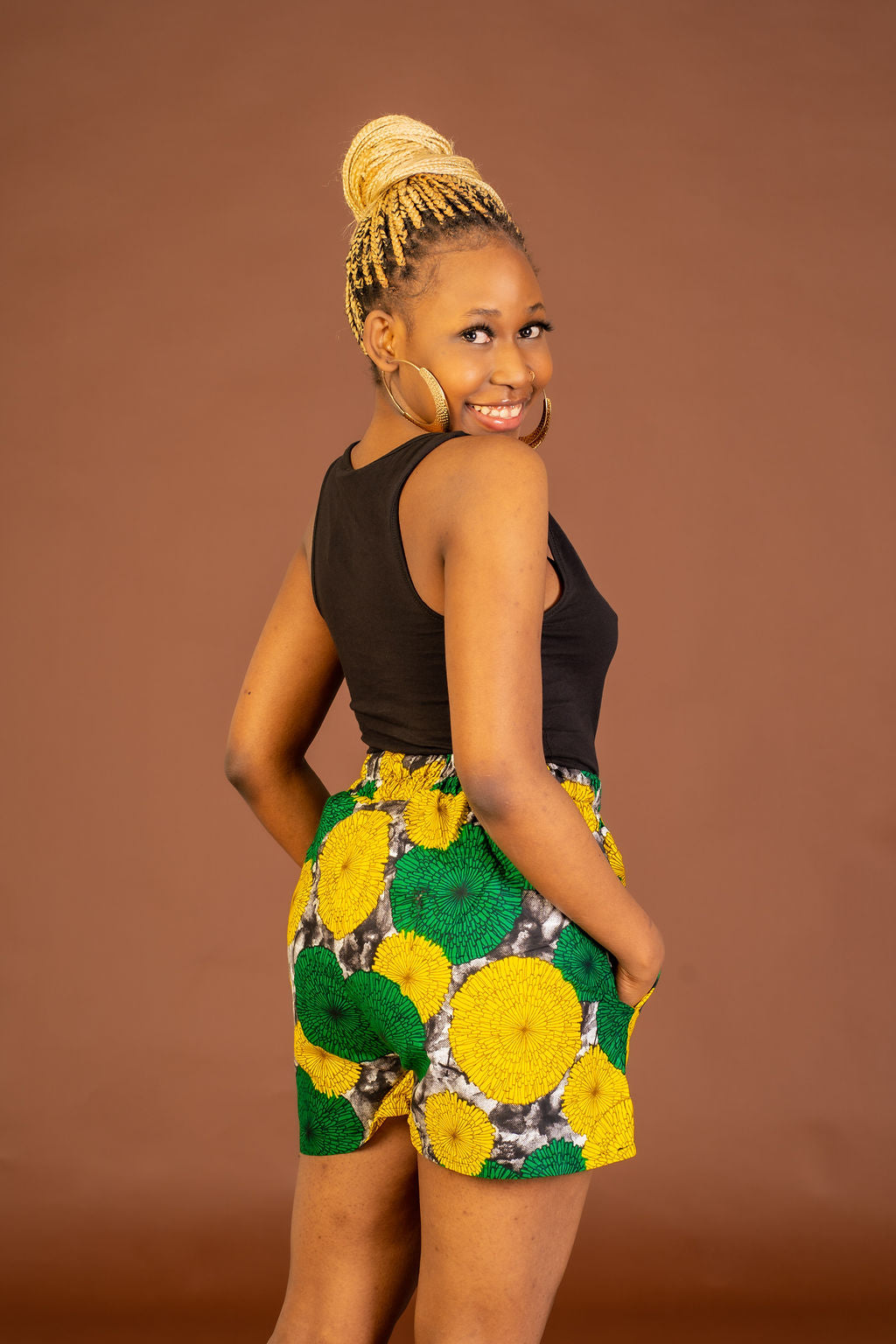 Anthonia Ankara High Waisted Shorts Yellow and Green African Print M.A.DKollection