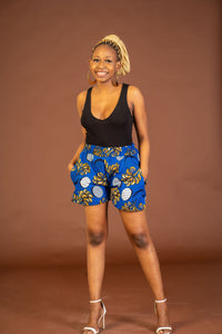 Amarachi Ankara High Waisted Shorts| Blue and White African Print