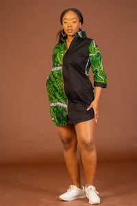 Jocelyn Ankara Shirt Dress | Green and Black African Print