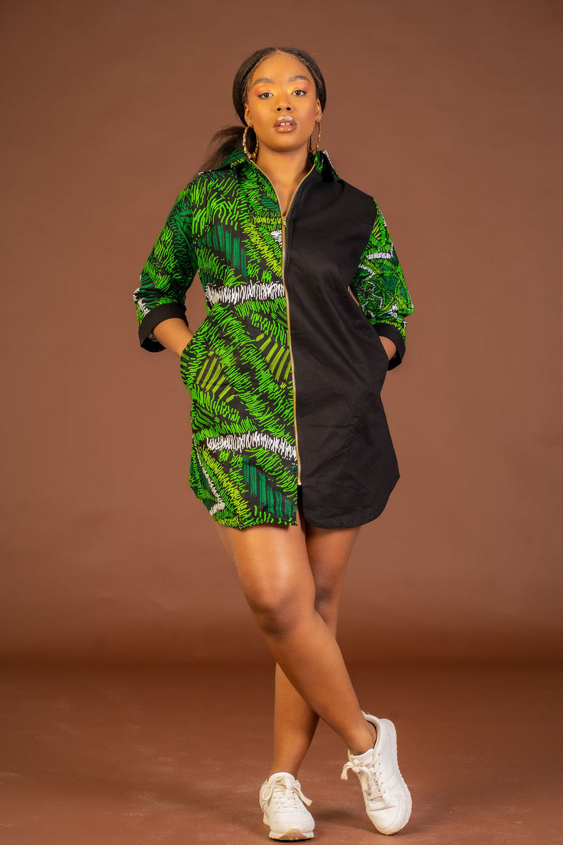 Jocelyn Ankara Shirt Dress | Green and Black African Print