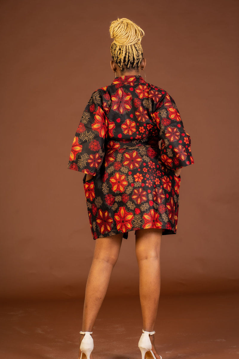 Adire Black and Red Ankara Short Kimono Jacket