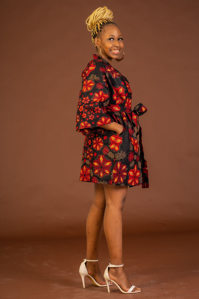 Adire Black and Red Ankara Short Kimono Jacket