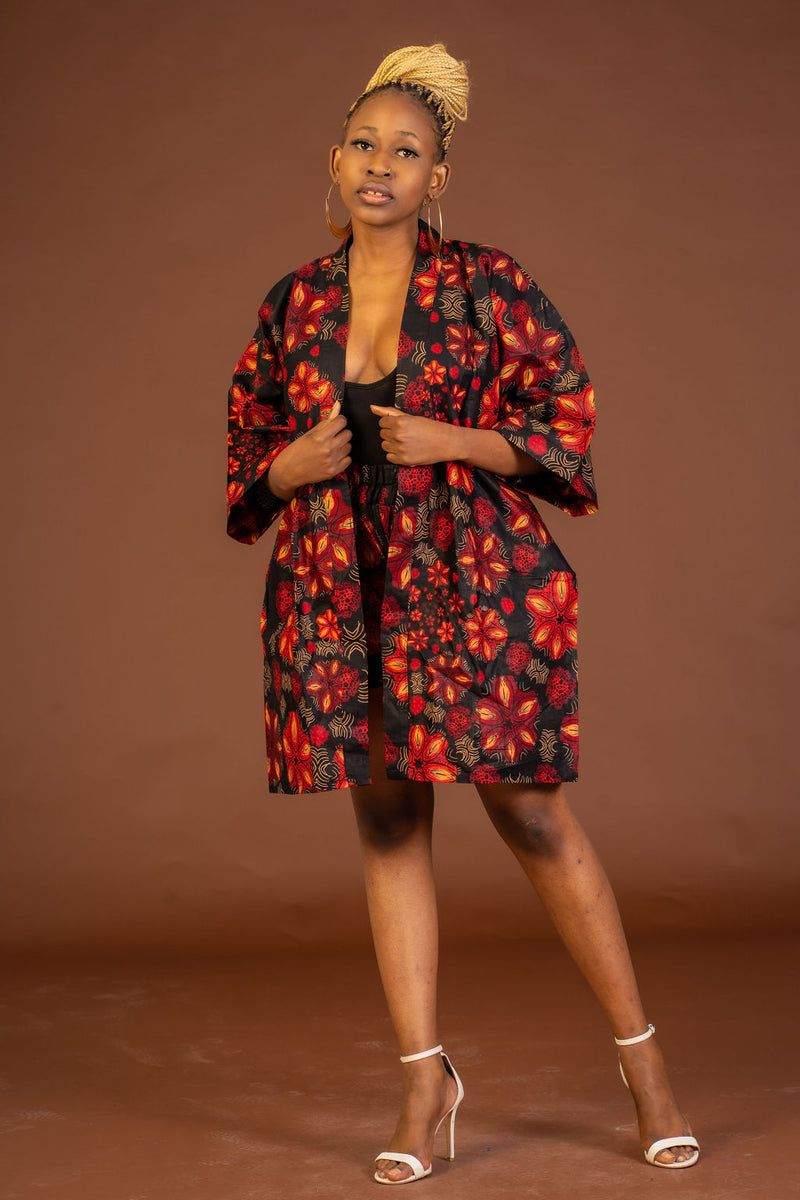 Adire Black and Red Ankara Short Kimono Jacket