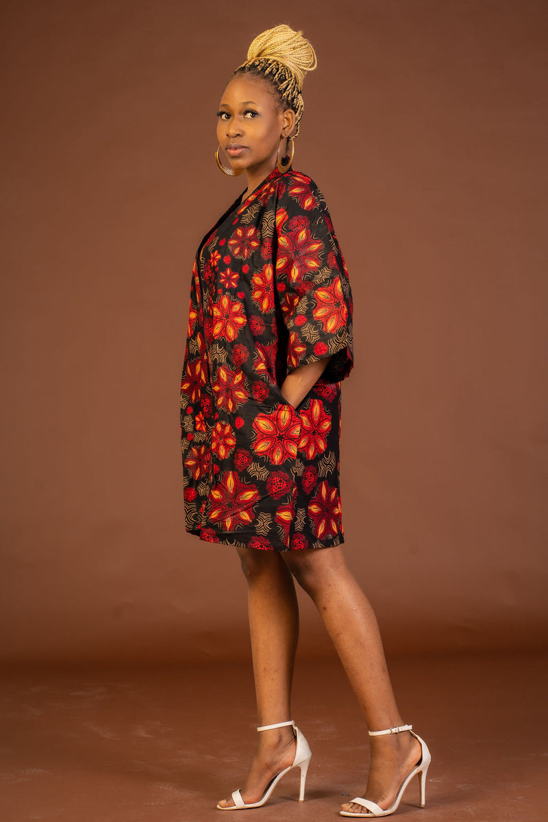 Adire Black and Red Ankara Short Kimono Jacket