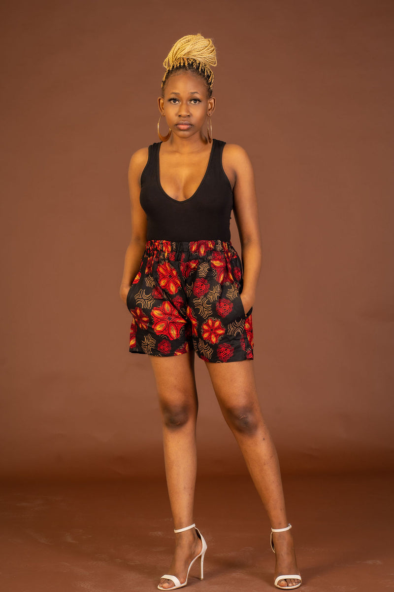 Adire Black and Red Ankara High Waisted Short