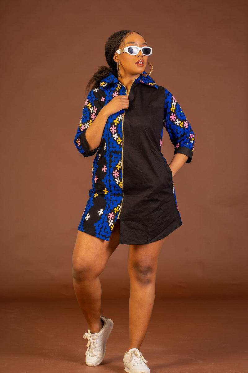 Jenna Ankara Short Shirt Dress | Blue and Pink African Print