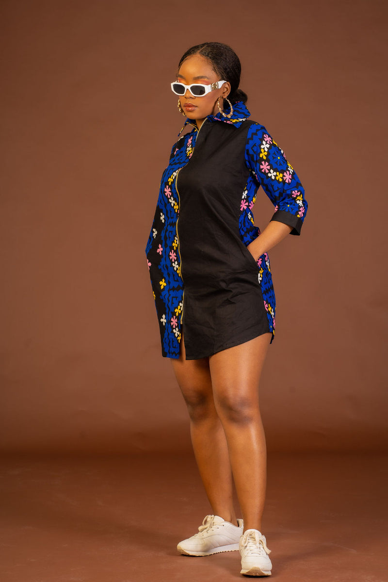 Jenna Ankara Short Shirt Dress | Blue and Pink African Print