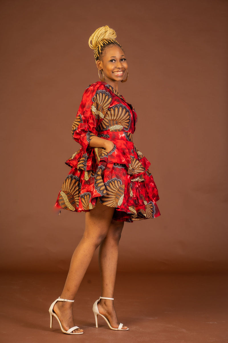 Alex Ankara Short Midi Dress | Red African Print