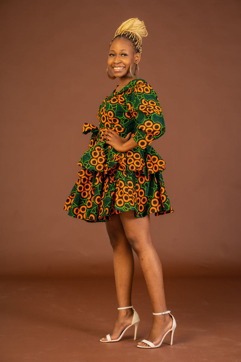 Abigail Ankara Short Midi Flare Dress | Green and Orange African Print