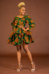 Abigail Ankara Short Midi Flare Dress | Green and Orange African Print