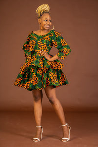 Abigail Ankara Short Midi Flare Dress | Green and Orange African Print