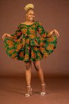 Abigail Ankara Short Midi Flare Dress | Green and Orange African Print