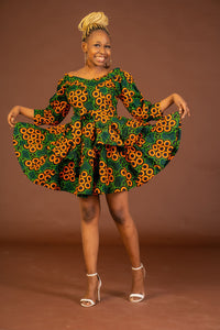 Abigail Ankara Short Midi Flare Dress | Green and Orange African Print