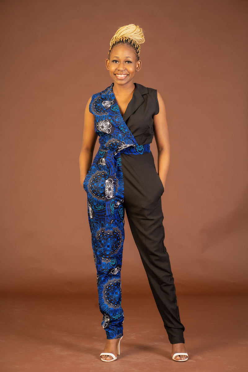 Mandy Ankara Jumpsuit | Blue and Black African Print